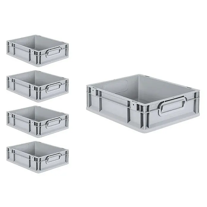 Proregal Euroboxen-Set 5x Eurobox NextGen Grip mit Scharnierdeckel und blauen Verschlüssen - L x B x H: 40 x 30 x 12 cm, Kunststoff, Grau, 5 Stk. - Fünf graue Kunststoffbehälter mit Griffen zur Lagerung oder zum Transport verschiedener Gegenstände.