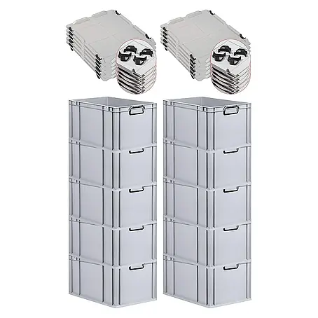 SparSet 10x Eurobox NextGen Color mit Auflagedeckel und Schiebeschnappverschlüsse | HxBxT 32x40x60cm | 65 Liter | Grau | Griffe schwarz geschlossen | Verstärkter Boden | Eurobehälter, Transportbox, Transportbehälter, Stapelbehälter