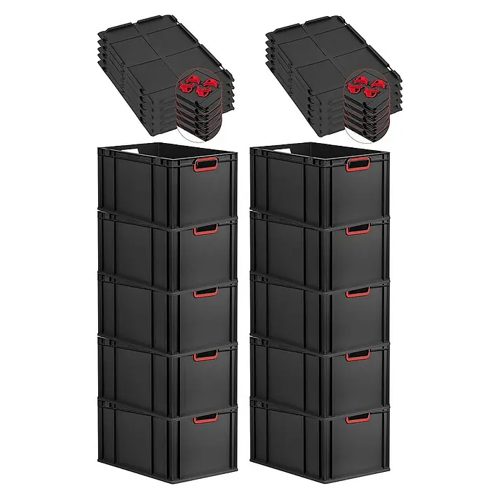Proregal Euroboxen-Set 10x Eurobox NextGen Color mit Auflagedeckel und Schiebeschnappverschlüsse - L x B x H: 60 x 40 x 32 cm, Kunststoff, Schwarz, Rot, 10 Stk. - Schwarze Kunststoffboxen mit roten Griffen und Deckeln, ideal für die Lagerung und Organisation von Gegenständen.