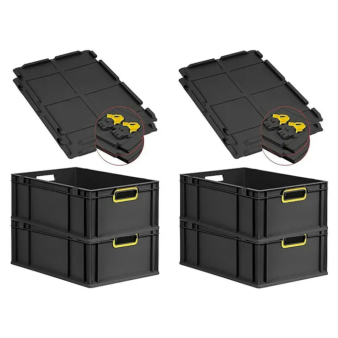 Proregal Euroboxen-Set 4x Eurobox NextGen Color mit Scharnierdeckel und Verschlüssen - L x B x H: 60 x 40 x 22 cm, Kunststoff, Schwarz, Gelb, 4 Stk. - Zwei Stapelboxen aus schwarzem Kunststoff mit gelben Griffen und zwei zusammenklappbare Deckel.