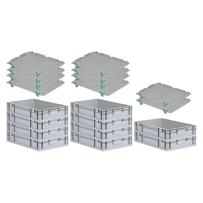 Proregal Euroboxen-Set 10x Eurobox NextGen Economy mit Auflagedeckel und 4x Verschlüsse Grün - L x B x H: 60 x 40 x 12 cm, Kunststoff, Grau, 10 Stk. - Stapelbare graue Kunststoffbehälter mit Deckeln für Lagerung und Transport. Praktische Aufbewahrungslösung.