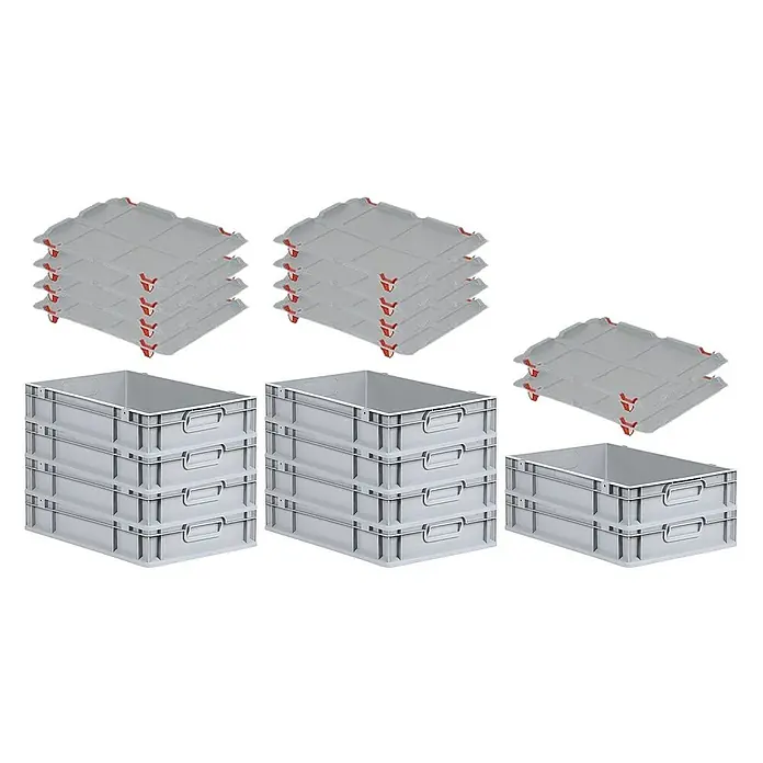 Proregal Euroboxen-Set 10x Eurobox NextGen Economy mit Auflagedeckel und 4x Verschlüsse Rot - L x B x H: 60 x 40 x 12 cm, Kunststoff, Grau, 10 Stk. - Graue Eurobehälter und Deckel im Set. Ideal für Lagerung und Transport mit robustem Design und stapelbarer Funktion für effiziente Raumnutzung.