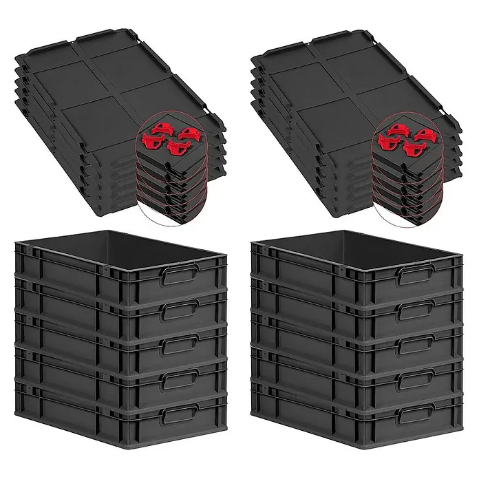 Proregal Euroboxen-Set 10x Eurobox NextGen Grip mit Auflagedeckel inkl. 4 roten Verschlüssen - L x B x H: 60 x 40 x 12 cm, Kunststoff, Schwarz, 10 Stk. - Abgebildet sind schwarze Eurobehälter und Deckel. Die Behälter sind gestapelt, einige davon mit roten Clips versehen.