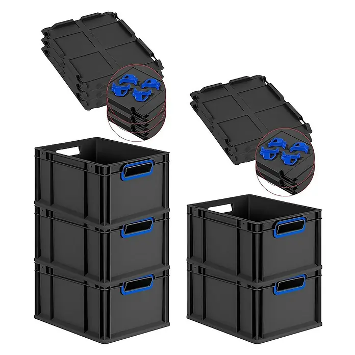 Proregal Euroboxen-Set 5x Eurobox NextGen Color mit Auflagedeckel und Schiebeschnappverschlüsse - L x B x H: 40 x 30 x 22 cm, Kunststoff, Schwarz, Blau, 5 Stk. - Schwarze Aufbewahrungsboxen mit blauen Griffen und Deckeln zum Stapeln und Ordnen verschiedener Gegenstände.