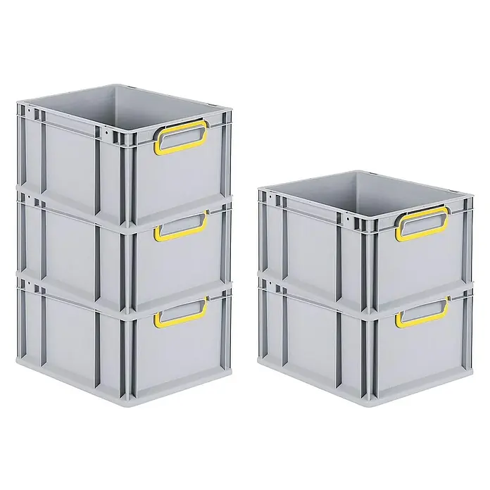 Proregal Euroboxen-Set 8x Eurobox NextGen Color - L x B x H: 40 x 30 x 22 cm, Kunststoff, Grau, Gelb, 8 Stk. - Stapelbare graue Kunststoffboxen mit gelben Griffen. Praktische Aufbewahrungslösung für Lager und Büro.