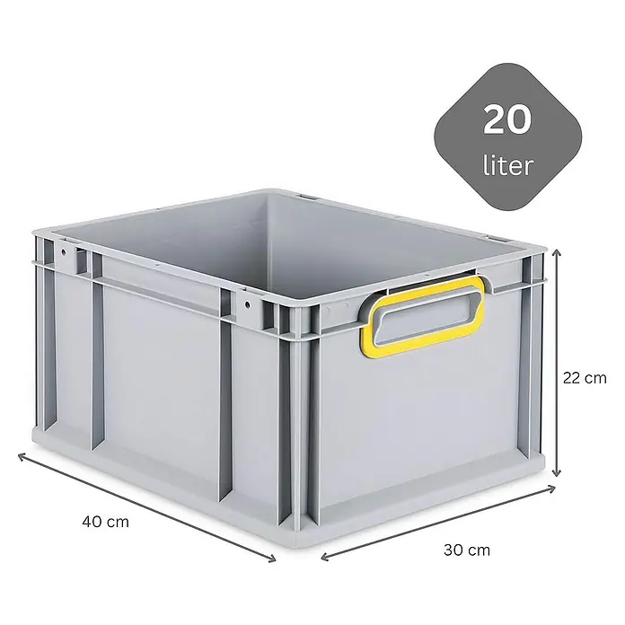 Proregal Euroboxen-Set 8x Eurobox NextGen Color - L x B x H: 40 x 30 x 22 cm, Kunststoff, Grau, Gelb, 8 Stk. - Grauer Kunststoffbehälter mit gelben Griffen, gekennzeichnet mit den Maßen 40 x 30 x 22 cm und einem Volumen von 20 Litern.