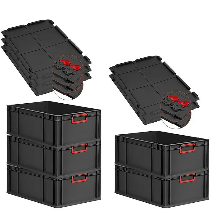 SuperSparSet 5x Eurobox NextGen Color mit Scharnierdeckel und Schiebeschnappverschlüssen | HxBxT 22x40x60cm | 44 Liter | Schwarz | Griffe rot geschlossen | Verstärkter Boden | Eurobehälter, Transportbox, Transportbehälter, Stapelbehälter -  - Produktansicht: Drei schwarze Eurobehälter mit roten Griffen und zwei Stapel schwarzer Deckel mit roten Verschlüssen.