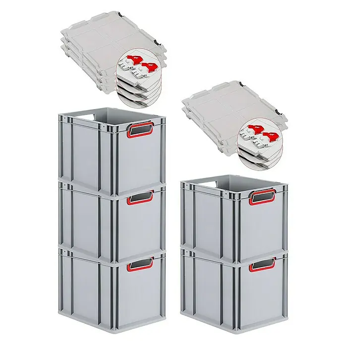 Proregal Euroboxen-Set 5x Eurobox NextGen Color mit Scharnierdeckel und Verschlüssen - Kunststoff, Grau, Rot, 5 Stk. - Ein Stapelboxenset in Grau mit roten Griffen und dazugehörigen Deckeln, ideal für Lagerung und Organisation.