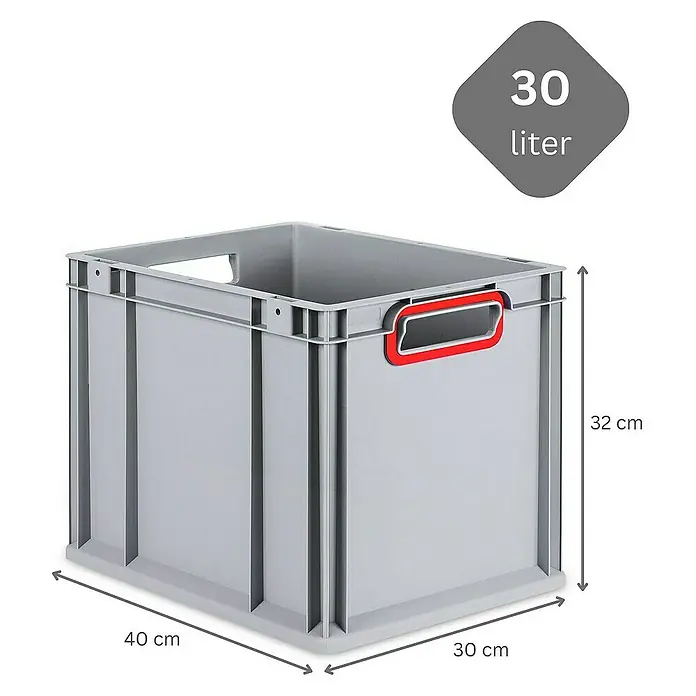 Proregal Euroboxen-Set 5x Eurobox NextGen Color mit Scharnierdeckel und Verschlüssen - Kunststoff, Grau, Rot, 5 Stk. - Produktabbildung einer grauen 30-Liter-Aufbewahrungsbox aus Kunststoff mit roten Griffen und den Maßen 40 x 30 x 32 cm.