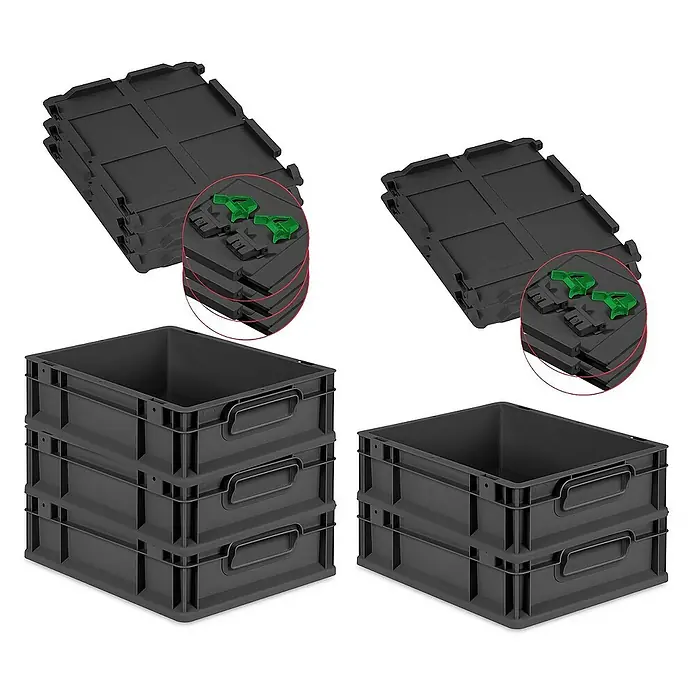 Proregal Euroboxen-Set 5x Eurobox NextGen Grip mit Scharnierdeckel und grünen Verschlüssen - L x B x H: 40 x 30 x 12 cm, Kunststoff, Schwarz, 5 Stk. - Gestapelte graue Kunststoffbehälter mit Griffen und dazugehörige Deckel für Lagerung und Transport.