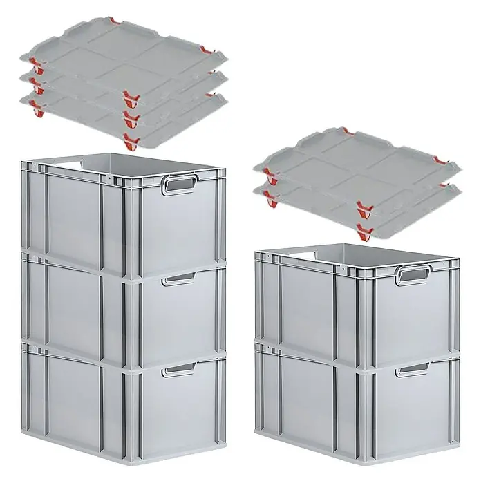 Proregal Euroboxen-Set 5x Eurobox NextGen Economy mit Auflagedeckel und 4x Verschlüsse Rot - L x B x H: 60 x 40 x 32 cm, Kunststoff, Grau, 5 Stk. - Stapelbare graue Lagerbehälter und Deckel mit roten Verschlüssen, ideal für Ordnung und Transport.