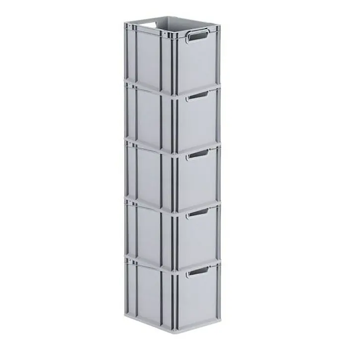 Proregal Euroboxen-Set 5x Eurobox NextGen Economy mit Scharnierdeckel und schwarzen Verschlüssen - L x B x H: 40 x 30 x 32 cm, Kunststoff, Grau, 5 Stk. - Fünf graue, aufeinander gestapelte Lagerkisten aus Kunststoff mit Griffen für den einfachen Transport. Die Kisten sind stabil und robust.