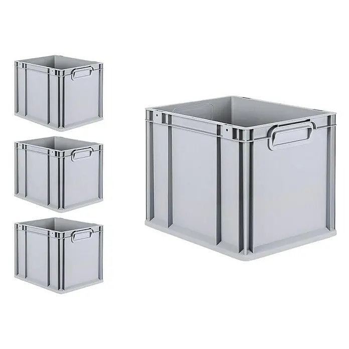 Proregal Euroboxen-Set 4x Eurobox NextGen Economy mit Scharnierdeckel und roten Verschlüssen - Kunststoff, Grau, 4 Stk. - Graue Eurobehälter im Set. Robuste und stapelbare Kunststoffboxen für Lagerung und Transport. Ideal für Industrie und Gewerbe.