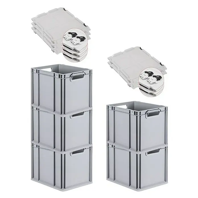 Proregal Euroboxen-Set 5x Eurobox NextGen Economy mit Scharnierdeckel und schwarzen Verschlüssen - L x B x H: 40 x 30 x 32 cm, Kunststoff, Grau, 5 Stk. - Abbildung von grauen Euroboxen mit Deckeln. Diese stapelbaren Aufbewahrungsbehälter sind ideal für Lagerung und Transport.