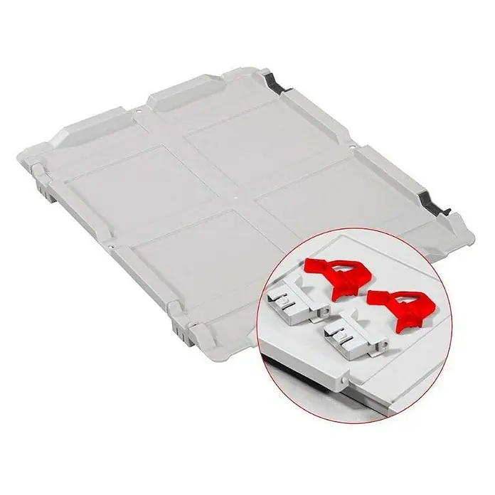 Proregal Euroboxen-Set 4x Eurobox NextGen Economy mit Scharnierdeckel und roten Verschlüssen - Kunststoff, Grau, 4 Stk. - Graue Kunststoffpalette mit roten und weißen Verriegelungsclips für sicheren Transport und Lagerung von Gütern.
