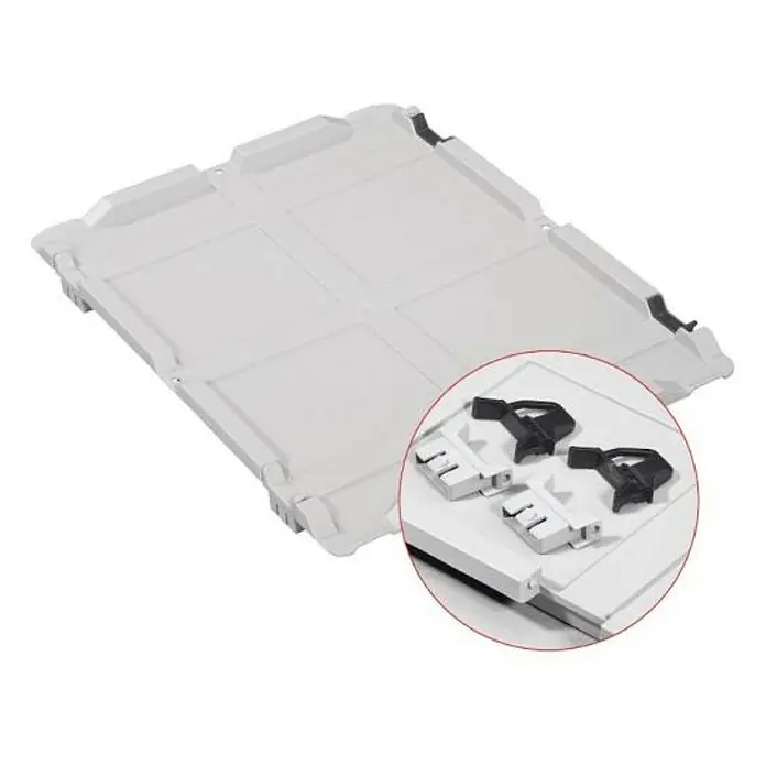Proregal Euroboxen-Set 5x Eurobox NextGen Economy mit Scharnierdeckel und schwarzen Verschlüssen - L x B x H: 40 x 30 x 32 cm, Kunststoff, Grau, 5 Stk. - Eine weiße Kühlschrankabdeckung mit Clip-Zubehör für die Kühlschrankreparatur oder -wartung.