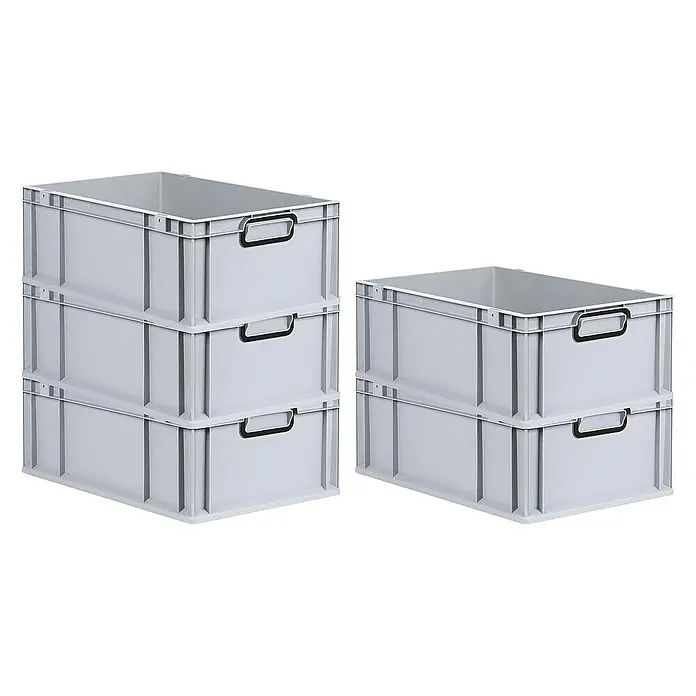 Proregal Euroboxen-Set 5x Eurobox NextGen Color - L x B x H: 60 x 40 x 22 cm, Kunststoff, Grau, Schwarz, 5 Stk. - Bild von grauen Lagerkisten mit schwarzen Griffen, die aufgereiht oder gestapelt sind.