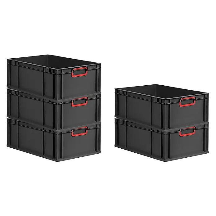 Proregal Euroboxen-Set 5x Eurobox NextGen Color - L x B x H: 60 x 40 x 22 cm, Kunststoff, Schwarz, Rot, 5 Stk. - Stapelbare Kunststoffbehälter: Eine Anordnung von drei und zwei grauen Boxen mit roten Griffen, ideal für Lagerung und Organisation.