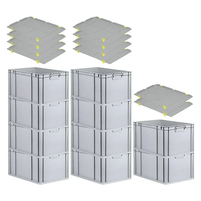 Proregal Euroboxen-Set 10x Eurobox NextGen Grip mit Auflagedeckel inkl. 4 gelben Verschlüssen - L x B x H: 60 x 40 x 32 cm, Kunststoff, Grau, 10 Stk. - Abbildung von grauen Lagerboxen und Abdeckungen mit gelben Klammern, die eine praktische Aufbewahrungslösung darstellen.