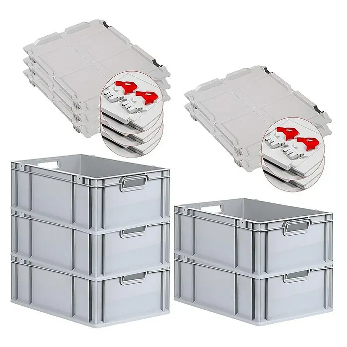 Proregal Euroboxen-Set 5x Eurobox NextGen Economy mit Scharnierdeckel und roten Verschlüssen - L x B x H: 60 x 40 x 22 cm, Kunststoff, Grau, 5 Stk. - Stapelbare, graue Eurobehälter und Deckel. Ideal für Lagerung und Transport, robust und platzsparend. Perfekt für Industrie und Gewerbe.