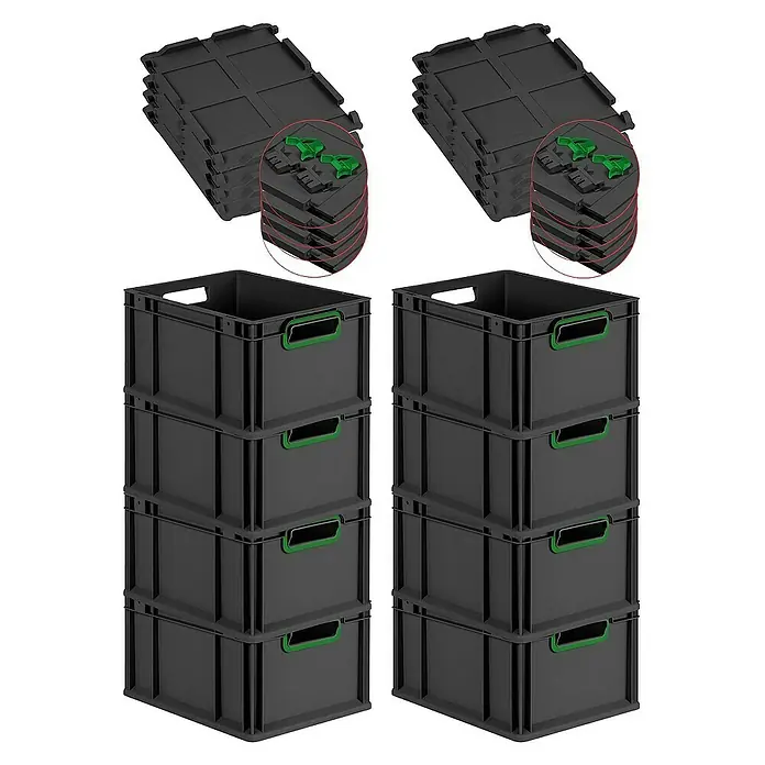 Proregal Euroboxen-Set 8x Eurobox NextGen Color mit Scharnierdeckel und Verschlüssen - L x B x H: 40 x 30 x 22 cm, Kunststoff, Schwarz, Grün, 8 Stk. - Abbildung von stapelbaren schwarzen Kunststoffboxen mit grünen Griffen und flachen schwarzen Deckeln. Praktische Lagerungslösung.