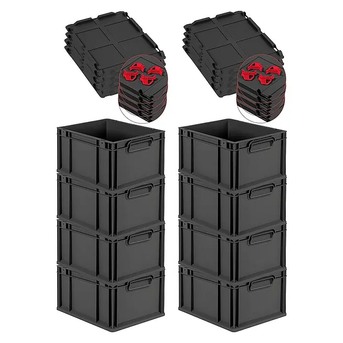 Proregal Euroboxen-Set 8x Eurobox NextGen Grip mit Auflagedeckel inkl. 4 roten Verschlüssen - L x B x H: 40 x 30 x 22 cm, Kunststoff, Schwarz, 8 Stk. - Produktansicht mit schwarzen Aufbewahrungsboxen, Deckeln und roten Verriegelungsclips, die praktische Lagerung und Organisation ermöglichen.
