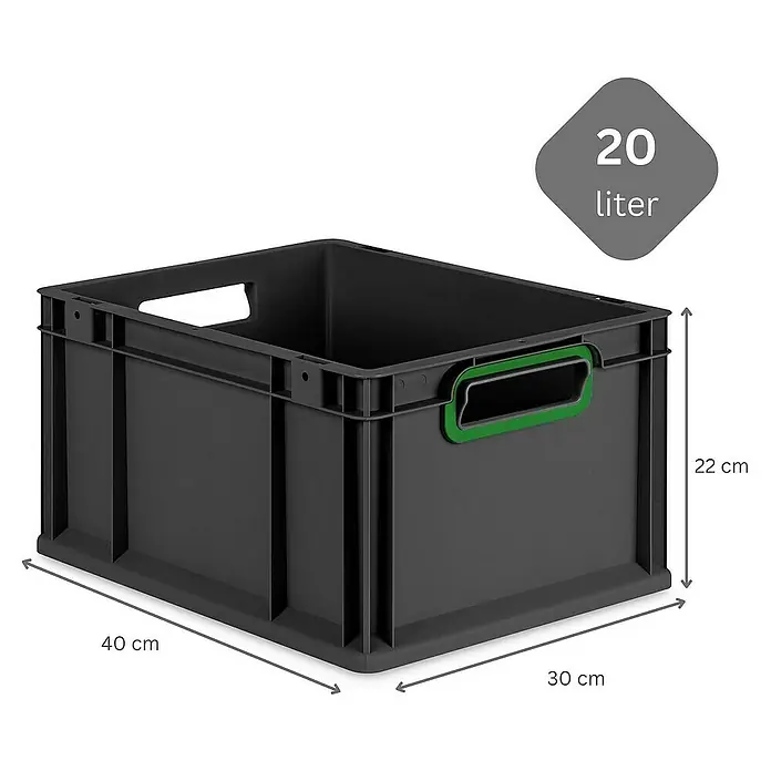 Proregal Euroboxen-Set 8x Eurobox NextGen Color mit Scharnierdeckel und Verschlüssen - L x B x H: 40 x 30 x 22 cm, Kunststoff, Schwarz, Grün, 8 Stk. - Bild eines schwarzen Kunststoffbehälters mit den Maßen 40 x 30 x 22 cm und einem Fassungsvermögen von 20 Litern.