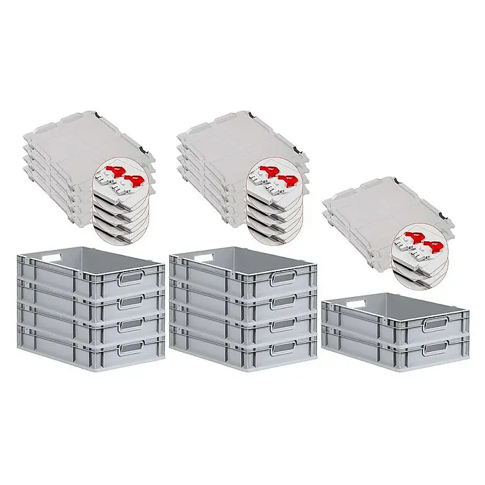 Proregal Euroboxen-Set 10x Eurobox NextGen Economy mit Scharnierdeckel und roten Verschlüssen - L x B x H: 60 x 40 x 12 cm, Kunststoff, Grau, 10 Stk. - Stapelbare graue Kunststoffboxen und transparente Deckel mit roten Verriegelungen für eine praktische Lagerung.