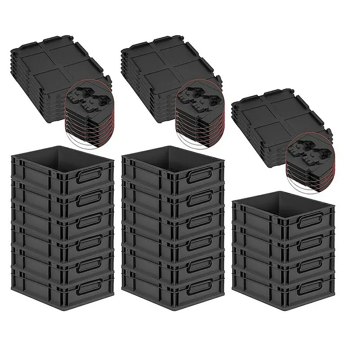 Proregal Euroboxen-Set 16x Eurobox NextGen Color mit Scharnierdeckel und Verschlüssen - L x B x H: 40 x 30 x 12 cm, Kunststoff, Schwarz, Schwarz, 16 Stk. - Schwarze Lagerboxen und Deckel. Ideal für Lagerung und Organisation, die robusten Behälter sind stapelbar und leicht zu transportieren.