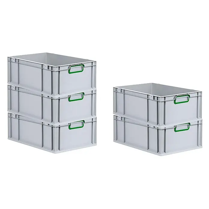 Proregal Euroboxen-Set 5x Eurobox NextGen Color - L x B x H: 60 x 40 x 22 cm, Kunststoff, Grau, Grün, 5 Stk. - Das Bild zeigt graue, stapelbare Lagerboxen mit grünen Griffen. Die Boxen sind aus Kunststoff und ideal für Lagerung und Ordnung.