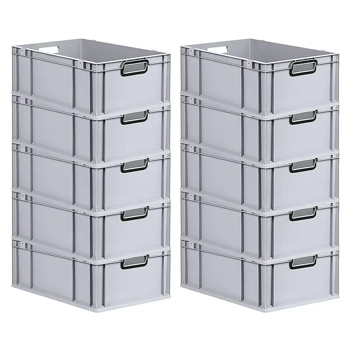 Proregal Euroboxen-Set 10x Eurobox NextGen Color - L x B x H: 60 x 40 x 22 cm, Kunststoff, Grau, Schwarz, 10 Stk. - Zwei Stapel grauer Lagerboxen, ideal für die Organisation von Gegenständen in Werkstatt oder Lager. Robuste Bauweise für lange Haltbarkeit.