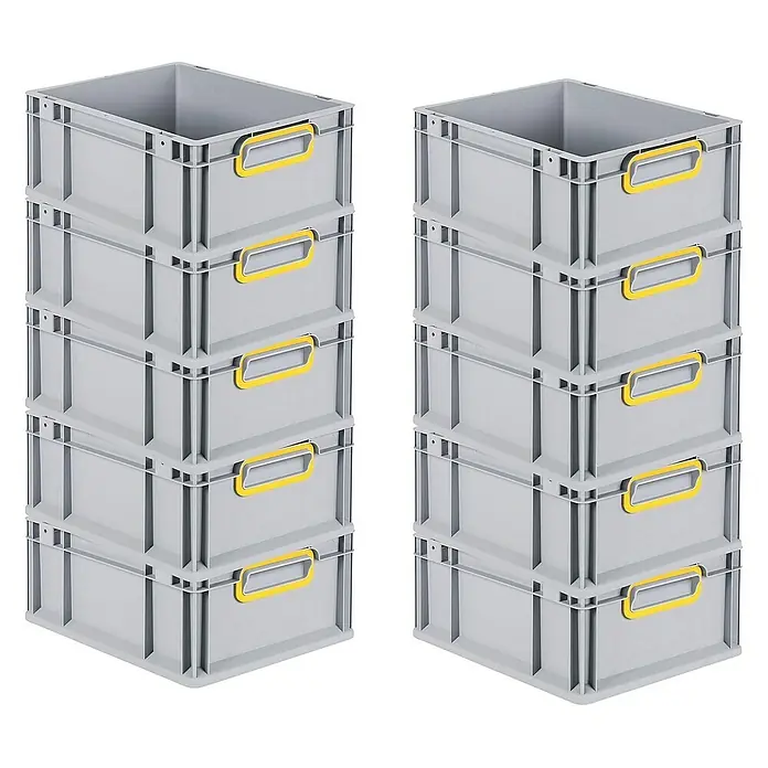 Proregal Euroboxen-Set 10x Eurobox NextGen Color - L x B x H: 40 x 30 x 17 cm, Kunststoff, Grau, Gelb, 10 Stk. - Stapel von grauen Kunststoffboxen mit gelben Griffen. Robuste Lagerbehälter, ideal für Organisation und Lagerung in Werkstatt oder Büro.