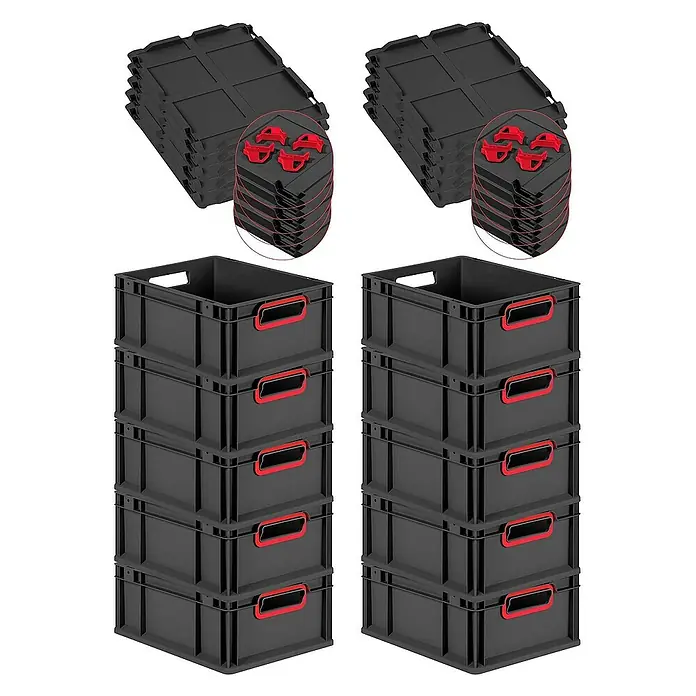 Proregal Euroboxen-Set 10x Eurobox NextGen Color mit Auflagedeckel und Schiebeschnappverschlüsse - L x B x H: 40 x 30 x 17 cm, Kunststoff, Schwarz, Rot, 10 Stk. - Schwarze Kunststoffboxen mit roten Griffen und Deckeln, gestapelt für Lagerung. Praktisch und robust für vielfältige Anwendungen.