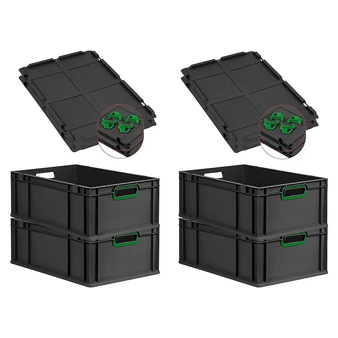 Proregal Euroboxen-Set 4x Eurobox NextGen Color mit Auflagedeckel und Schiebeschnappverschlüsse - L x B x H: 60 x 40 x 22 cm, Kunststoff, Schwarz, Grün, 4 Stk. - Abgebildet sind graue Aufbewahrungsboxen aus Kunststoff mit grünen Griffen und Deckeln. Die Boxen sind stapelbar und vielseitig für die Organisation.