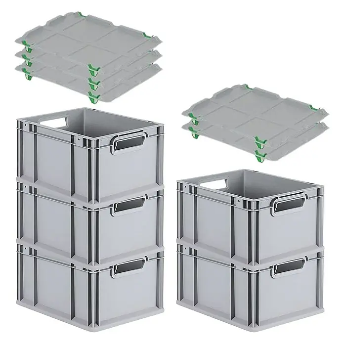 Proregal Euroboxen-Set 5x Eurobox NextGen Economy mit Auflagedeckel und 4x Verschlüsse Grün - L x B x H: 40 x 30 x 22 cm, Kunststoff, Grau, 5 Stk. - Das Bild zeigt eine Nahaufnahme von grauen Lagerkisten und Deckeln, die für eine robuste Organisation und Lagerung in verschiedenen Umgebungen konzipiert sind.