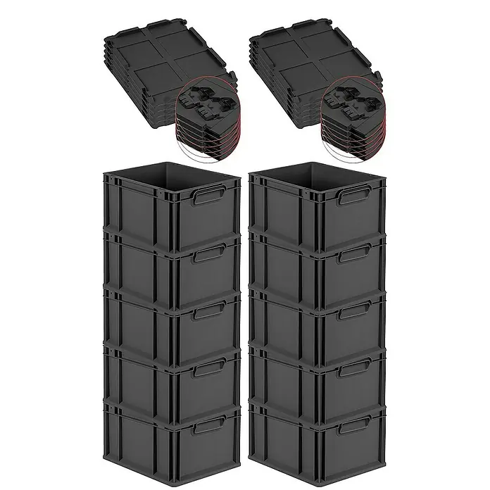 Proregal Euroboxen-Set 10x Eurobox NextGen Color mit Scharnierdeckel und Verschlüssen - L x B x H: 40 x 30 x 22 cm, Kunststoff, Schwarz, Schwarz, 10 Stk. - Bild von zwei Stapeln grauer Aufbewahrungsboxen und zwei Stapeln grauer Deckel.
