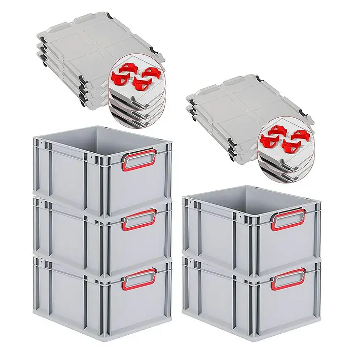 Proregal Euroboxen-Set 5x Eurobox NextGen Color mit Auflagedeckel und Schiebeschnappverschlüsse - L x B x H: 40 x 30 x 22 cm, Kunststoff, Grau, Rot, 5 Stk. - Graue Lagerkästen mit Deckel. Ideal für Lagerung & Transport, robust und stapelbar, mit roten Griffen.