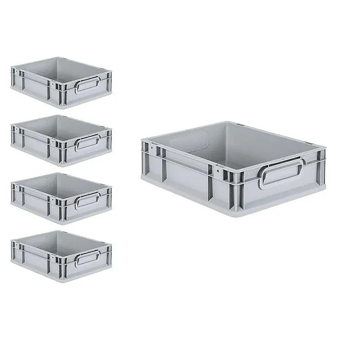 Proregal Euroboxen-Set 5x Eurobox NextGen Economy mit Scharnierdeckel und blauen Verschlüssen - L x B x H: 40 x 30 x 12 cm, Kunststoff, Grau, 5 Stk. - Dieses Bild zeigt eine Nahaufnahme von fünf grauen Lagerbehältern aus Kunststoff, die sich ideal für die Lagerung verschiedener Gegenstände eignen.