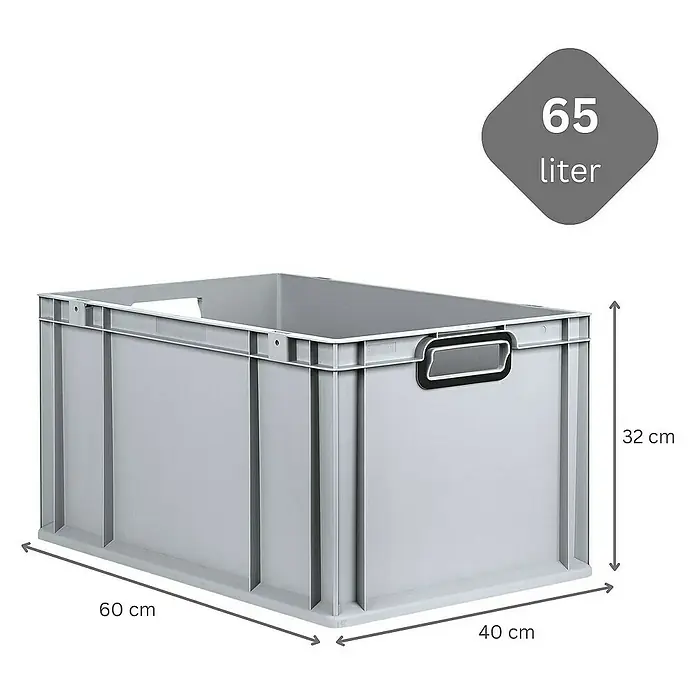 SuperSparSet 10x Eurobox NextGen Color mit Scharnierdeckel und Schiebeschnappverschlüssen | HxBxT 32x40x60cm | 65 Liter | Grau | Griffe schwarz offen | Verstärkter Boden | Eurobehälter, Transportbox, Transportbehälter, Stapelbehälter -  - Abgebildet ist eine graue Kunststoffbox mit den Maßen 60 x 40 x 32 cm und einem Volumen von 65 Litern.