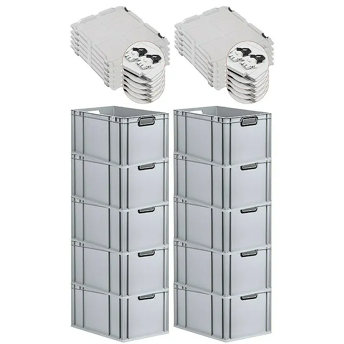 SuperSparSet 10x Eurobox NextGen Color mit Scharnierdeckel und Schiebeschnappverschlüssen | HxBxT 32x40x60cm | 65 Liter | Grau | Griffe schwarz offen | Verstärkter Boden | Eurobehälter, Transportbox, Transportbehälter, Stapelbehälter -  - Stapelbare, graue Lagerboxen mit Griffen und dazugehörigen Deckeln für eine praktische und effiziente Lagerung.