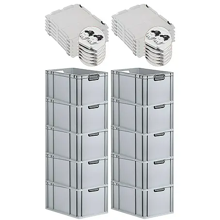 SuperSparSet 10x Eurobox NextGen Color mit Scharnierdeckel und Schiebeschnappverschlüssen | HxBxT 32x40x60cm | 65 Liter | Grau | Griffe schwarz offen | Verstärkter Boden | Eurobehälter, Transportbox, Transportbehälter, Stapelbehälter