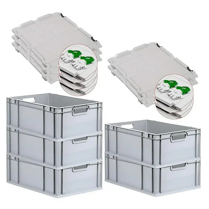 Proregal Euroboxen-Set 5x Eurobox NextGen Economy mit Scharnierdeckel und grünen Verschlüssen - L x B x H: 60 x 40 x 22 cm, Kunststoff, Grau, 5 Stk. - Produktfoto von grauen Eurobehältern und Deckeln, ideal für Lagerung und Transport.