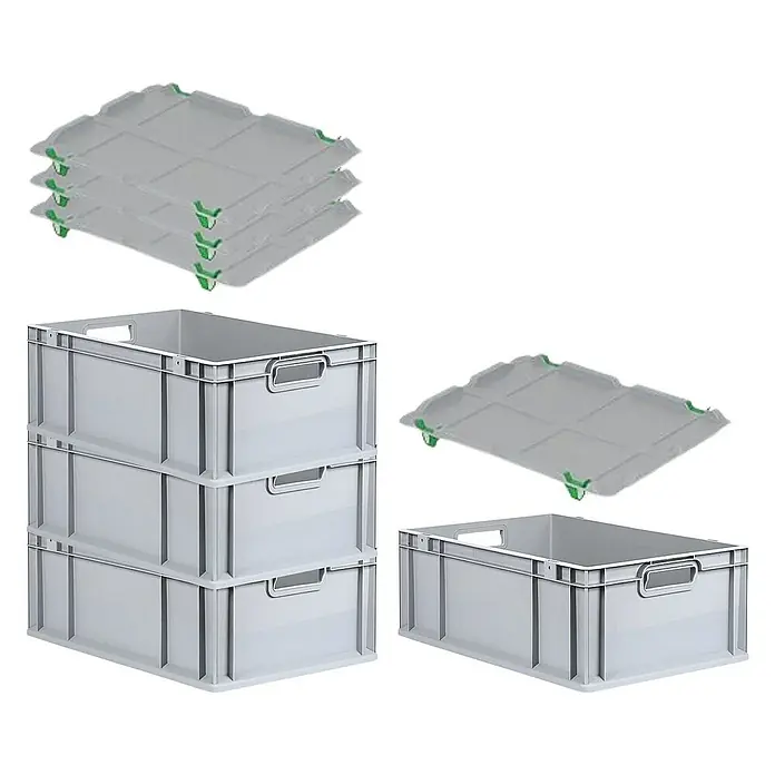 Proregal Euroboxen-Set 4x Eurobox NextGen Economy mit Auflagedeckel und 4x Verschlüsse Grün - L x B x H: 60 x 40 x 22 cm, Kunststoff, Grau, 4 Stk. - Abbildung von drei grauen Kunststoffbehältern im Stapel, daneben ein einzelner Behälter und drei Deckel mit grünen Klammern.