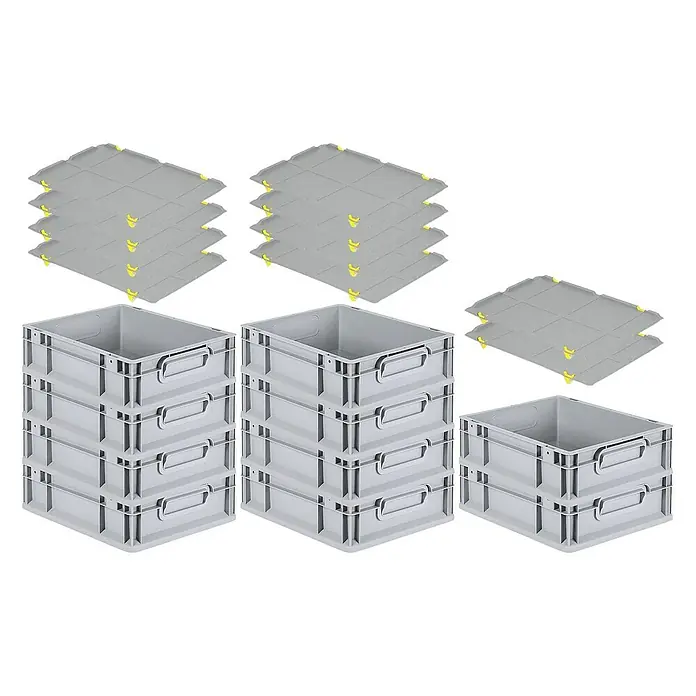 Proregal Euroboxen-Set 10x Eurobox NextGen Grip mit Auflagedeckel inkl. 4 gelben Verschlüssen - L x B x H: 40 x 30 x 12 cm, Kunststoff, Grau, 10 Stk. - Graue Euroboxen und dazugehörige Deckel in verschiedenen Stapeln dargestellt. Praktische Aufbewahrungslösung für Lager und Transport.