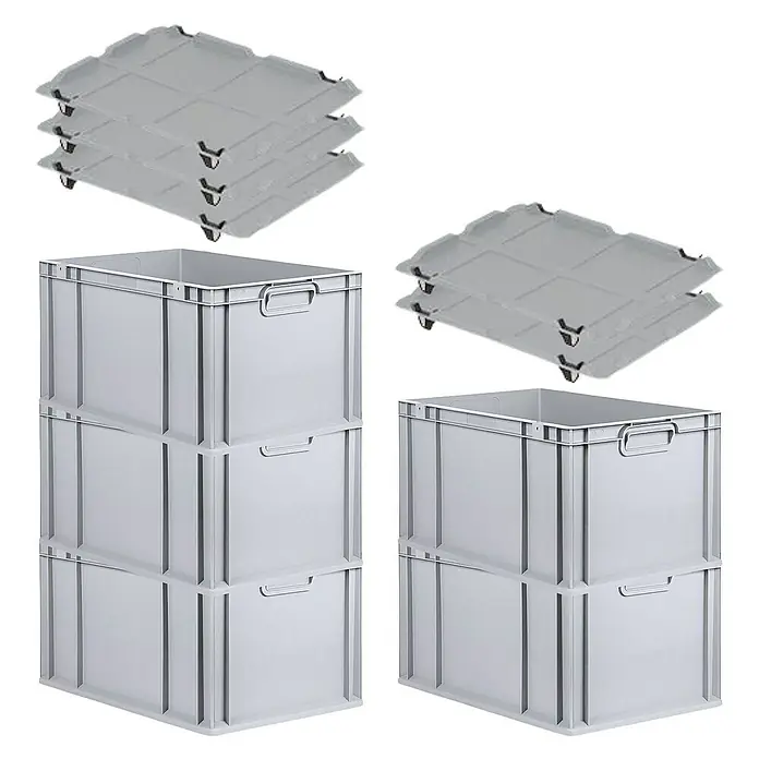 Proregal Euroboxen-Set 5x Eurobox NextGen Economy mit Auflagedeckel und 4x Verschlüsse Schwarz - Kunststoff, Grau, 5 Stk. - Graue Lagerboxen und Rollbretter. Ideal für Lagerung und Transport. Robuste Ausführung für vielfältige Anwendungen in Industrie und Gewerbe.