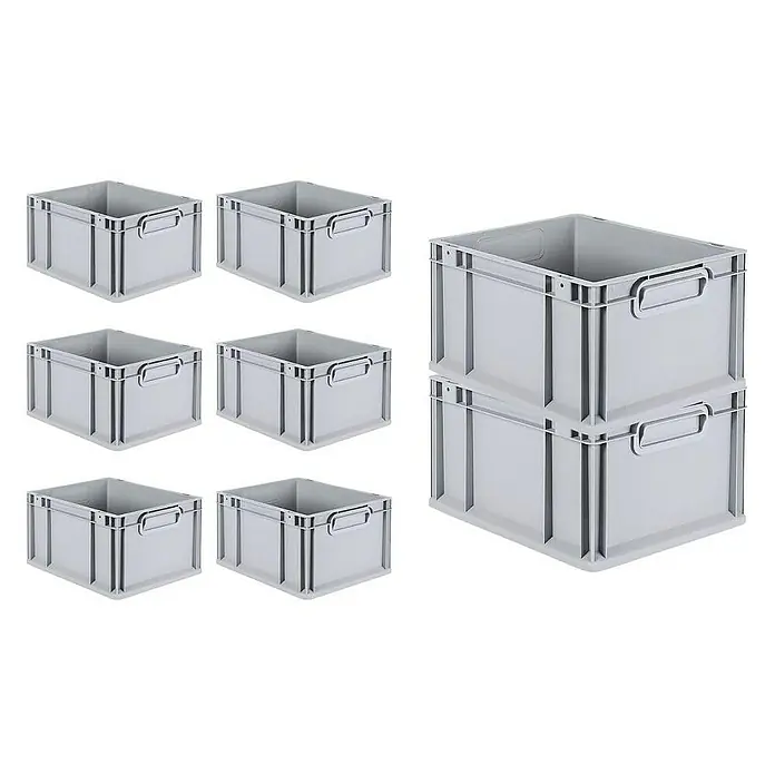 Proregal Euroboxen-Set 8x Eurobox NextGen Economy mit Scharnierdeckel und gelben Verschlüssen - L x B x H: 40 x 30 x 22 cm, Kunststoff, Grau, 8 Stk. - Sieben graue Lagerboxen aus Kunststoff, einige einzeln und einige gestapelt, ideal für die Organisation.