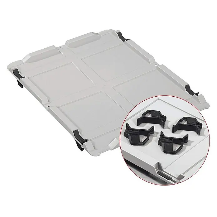 Proregal Euroboxen-Set 5x Eurobox NextGen Economy mit Auflagedeckel und 4x Verschlüsse Schwarz - Kunststoff, Grau, 5 Stk. - Graue Transportbox-Unterlage mit schwarzen Haltern zur Ladungssicherung, die auf einem weißen Hintergrund präsentiert wird.