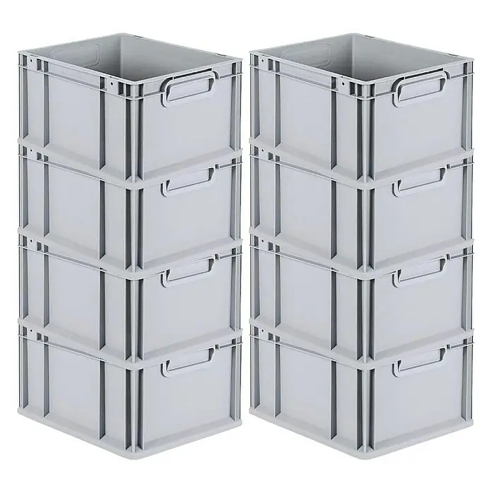 Proregal Euroboxen-Set 8x Eurobox NextGen Economy mit Scharnierdeckel und gelben Verschlüssen - L x B x H: 40 x 30 x 22 cm, Kunststoff, Grau, 8 Stk. - Ein Foto von zwei Stapeln grauer Kunststoffbehälter mit Griffen zur Aufbewahrung. Diese sind perfekt für die Organisation von Gegenständen.