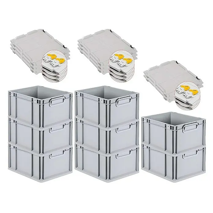 Proregal Euroboxen-Set 8x Eurobox NextGen Economy mit Scharnierdeckel und gelben Verschlüssen - L x B x H: 40 x 30 x 22 cm, Kunststoff, Grau, 8 Stk. - Bild von 3 Stapeln grauer Kunststoffboxen und 3 Stapeln zugehöriger Deckel, die praktische Aufbewahrungslösungen bieten.