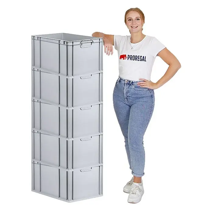 Proregal Euroboxen-Set 5x Eurobox NextGen Economy mit Auflagedeckel und 4x Verschlüsse Schwarz - Kunststoff, Grau, 5 Stk. - Eine Frau steht neben einem Stapel von fünf grauen Proregal-Lagerboxen, die für Organisation und Lagerung im Gewerbebereich konzipiert sind.